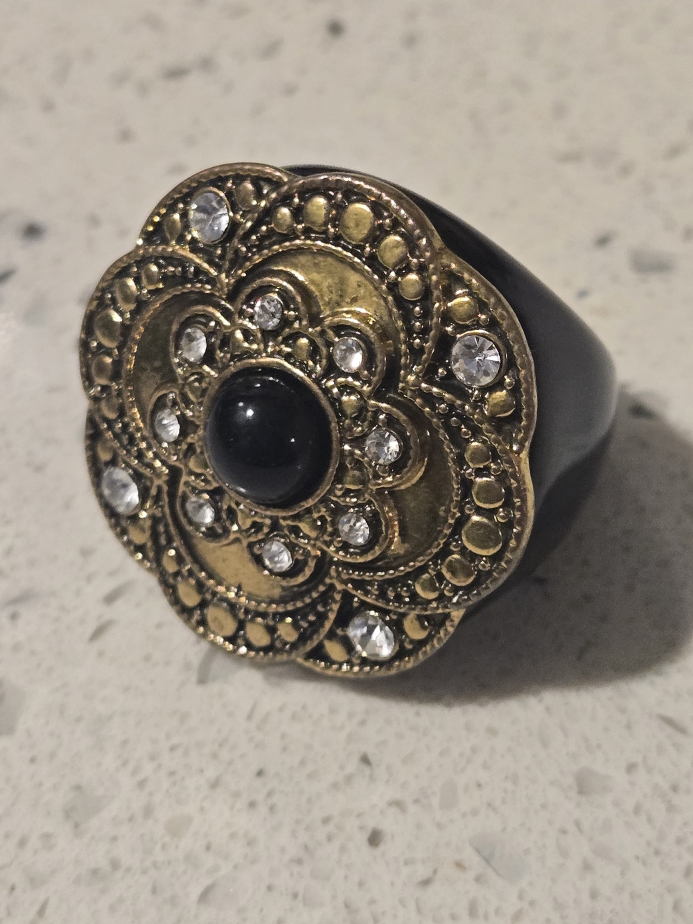 Vintage Statement Ring with Large Round Antiqued Gold Tone Finish